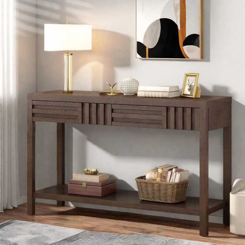 Modern Console Table With Striped Design, 2 Drawers And 2-tier Design, Brown