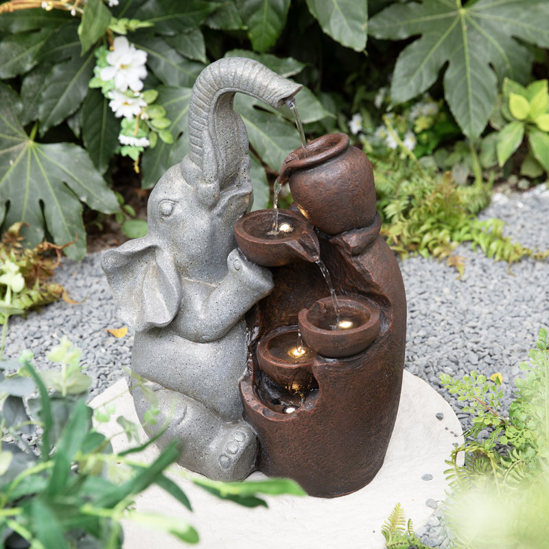 18.5"H 4-Tiered Elephant and Pot Polyresin Outdoor Fountain with Pump and LED Light (KD)