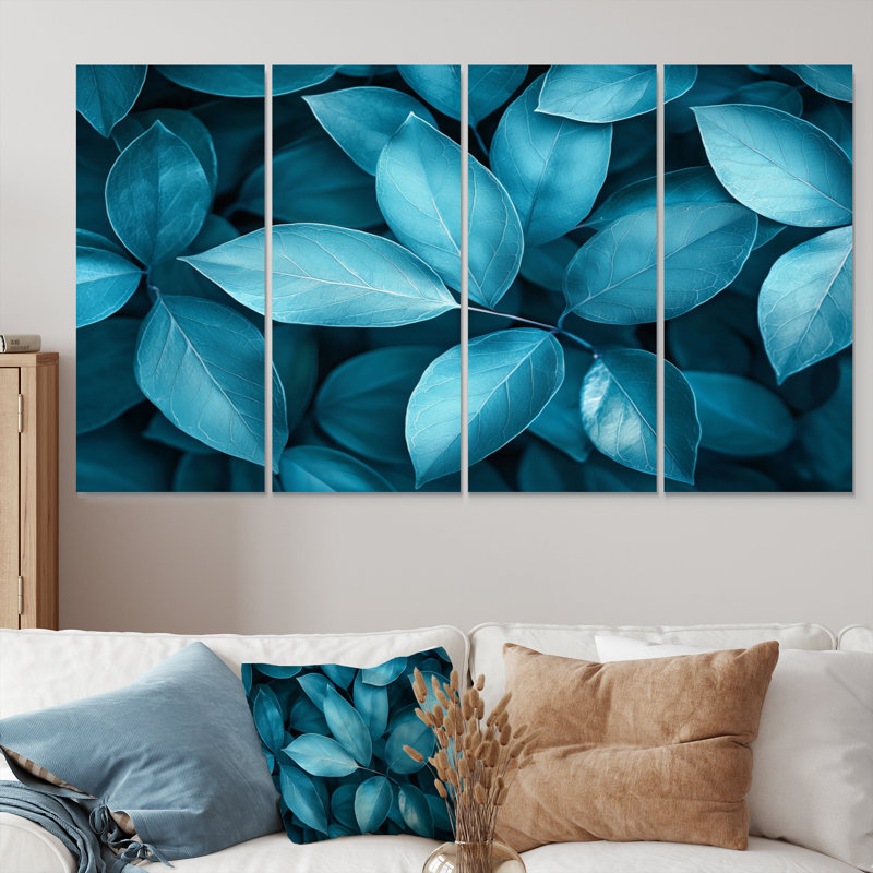 Feuilles bleu sarcelle monochromes Layrs II - art mural sarcelle - toile d'art traditionnelle, H 28 po x l 48 po, 4