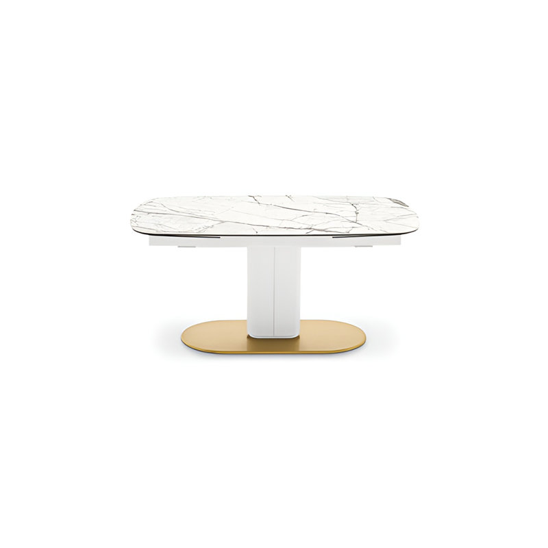 Cameo Elliptical Top Extendable Table, White Marble, Matt Bronze, 39.38" W x 116.63" L