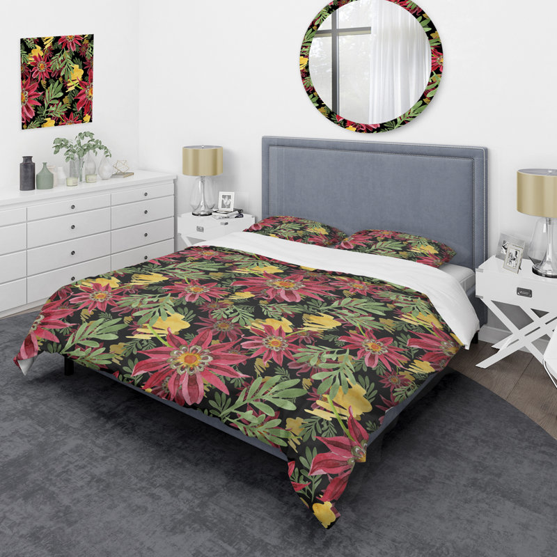 Fleur rouge et feuille verte - ensemble de housse de couette floral - microfibre de polyester