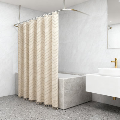 Tissu de rideau de douche en tissu texturé à motif de chevron texturé et imperméable avec pompons