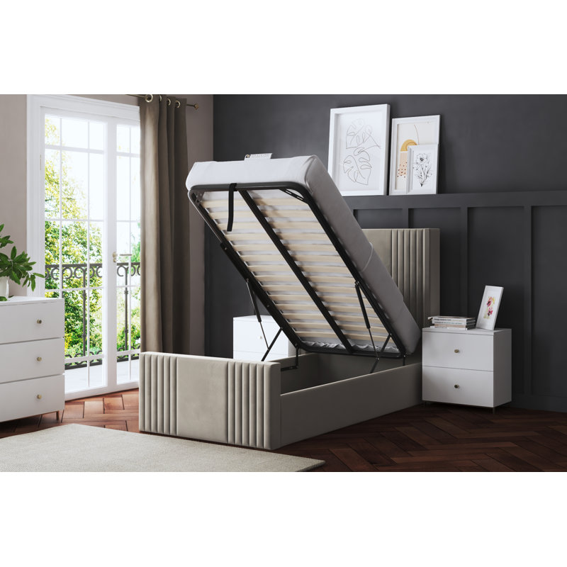 Elara Winged Ottoman Panel Bed with Headboard, Beige, Single (3')