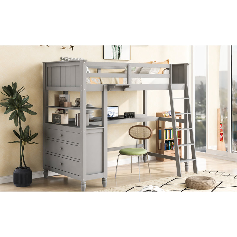 Lit mezzanine simple en bois massif gris avec tablettes et bureau pour une utilisation pratique, Gris