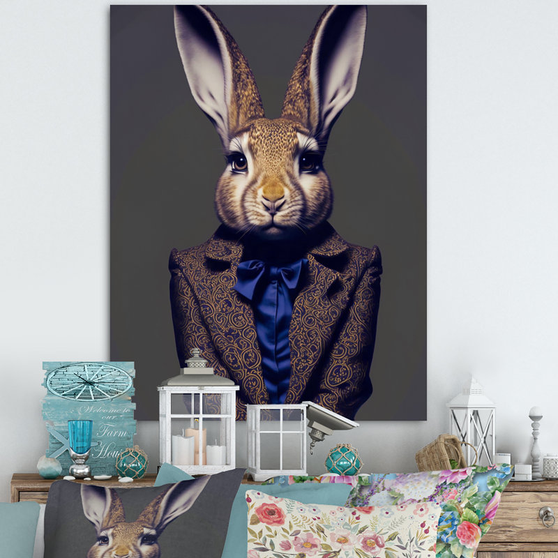 Fancy Rabbit In A Gray and Blue - Reproduction sur toile encadrée de lapin, H 20 po x l 12 po x P 1 po, Toile tendue
