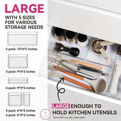 26 Pack Large Clear Plastic Drawer Organizer Bins -5 Size Heavy Duty Acrylic Kitchen Drawer Organizers