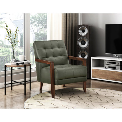 Fauteuil d'appoint en cuir avec base en bois de noyer, accoudoirs et dossier de style moderne