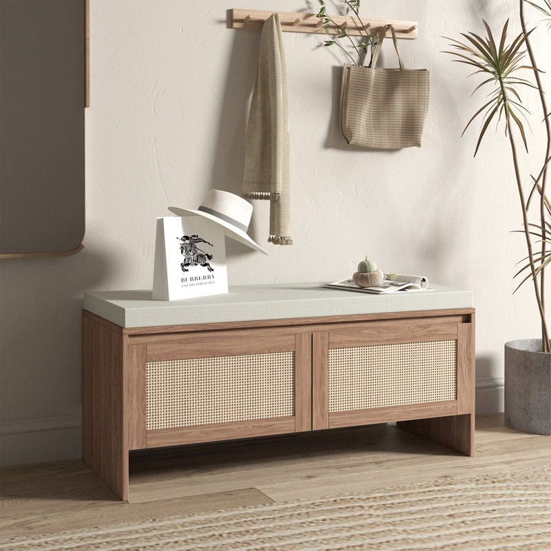 Banc de rangement en rotin avec coussin et 2 portes