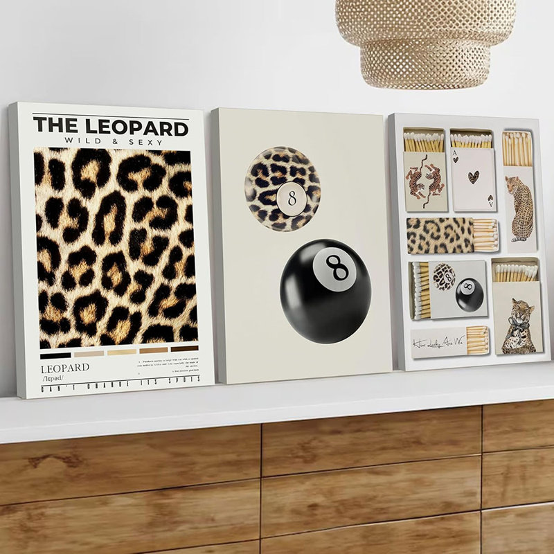3Pcs Trendy Leopard Print Canvas Wall Art Stylish 8 Ball Matchbox Poster Prints Funky Preppy Room Aesthetic Cheetah Wall Decor Picture For Bedroom Apartment Dorm Framed