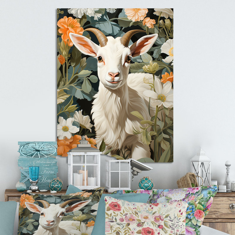 Portrait de chèvre blanche avec fleur d'été - Art mural en métal animal de chèvre, H 32 po x l 16 po x P 1 po