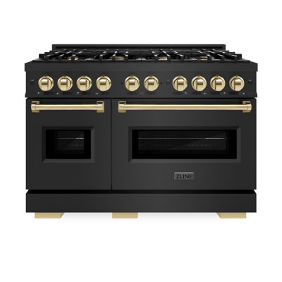 ZLINE Autograph Edition 48 in. 6.7 cu. ft. Classic Double Oven Gas Range with 8 Burner Cooktop in Black Stainless Steel and Accents