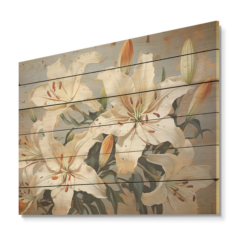 «Beige Lilies Simple Tranquility - lys», art mural sur bois de pin naturel, H 30 po x l 40 po