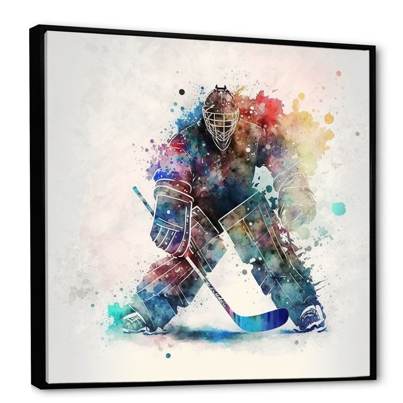 Hockey gardien de but pendant le jeu de hockey II, H 36 po x l 36 po x P 1,5 po, Toile avec cadre flottant noir