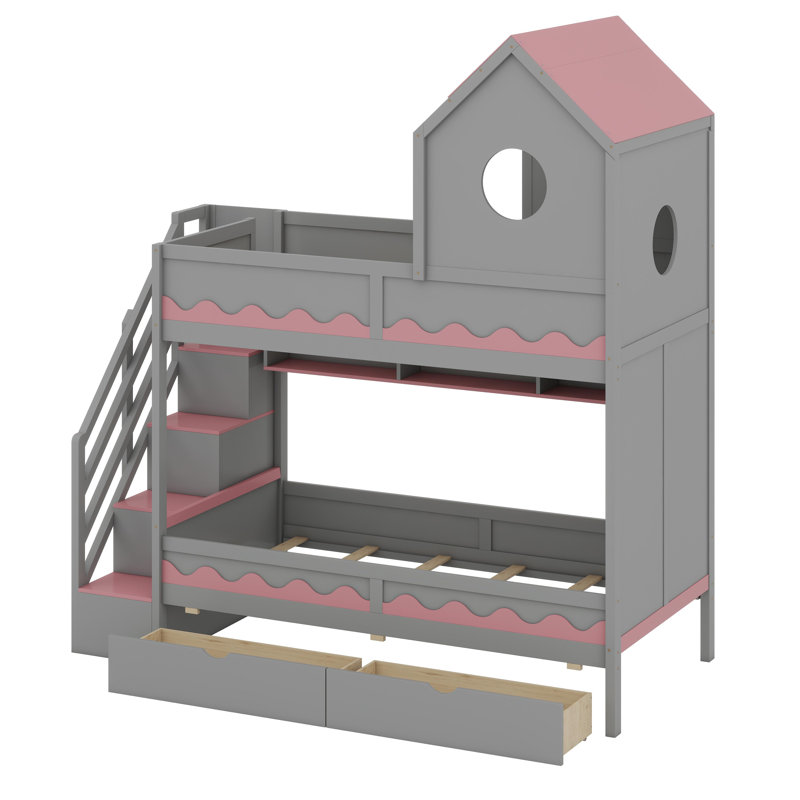 Lit mezzanine fonctionnel avec silhouette de maison, tiroir de rangement, escalier et éclairage à DEL, Gris
