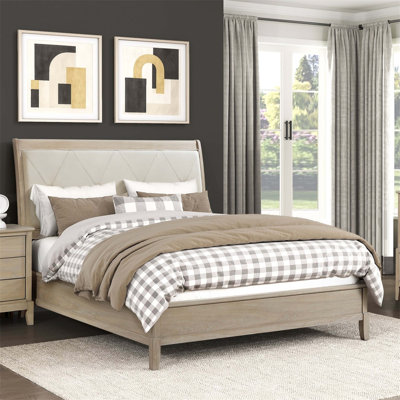 Classic Farmhouse Style Queen Bed With Beige Upholstered Headboard And Wooden Frame, Perfect For Rustic And Modern Bedrooms.