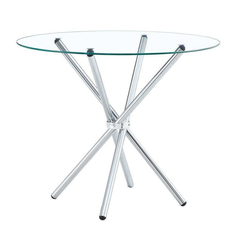 Table de salle à manger ronde en verre transparent avec une forme unique pour 4 à 6 personnes, avec des pieds en métal froncés en forme d'anneau, convenant aux bureaux, aux cuisines, aux terrasses et aux salles à manger. W1151P208336