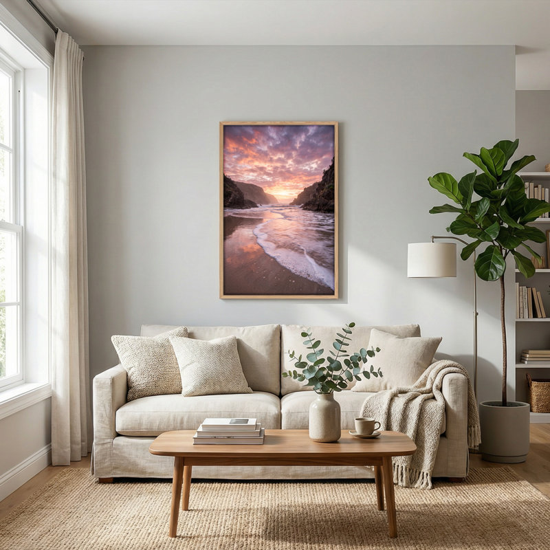 Ensemble de 1 tableau sur toile représentant un coucher de soleil sur la plage, H 24 po x l 18 po, Naturel