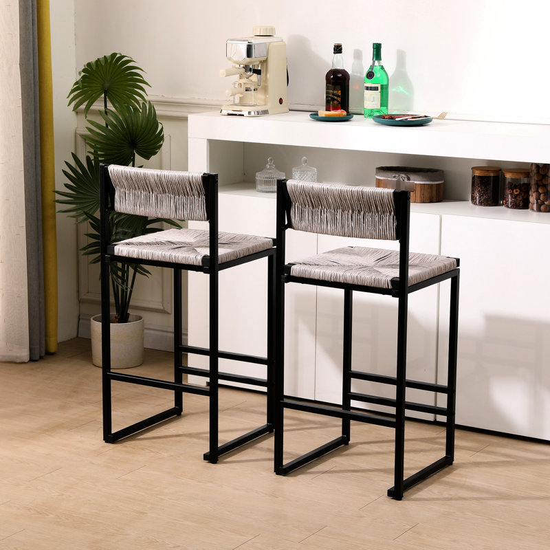 Tabourets de bar gris fabriqués à la main avec dossier, siège en corde de papier pour la maison et le bureau de 2 comptoirs - fabrication en métal. Espaces confortables