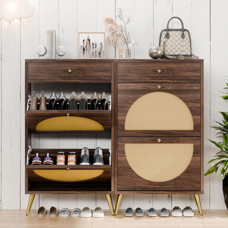 Rattan Shoe Storage Cabinet with Drawer, Walnut