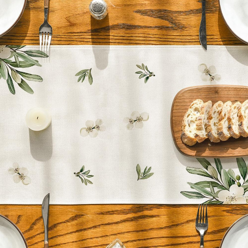 Table Runner - Green - 13X72 Inch Cross Olive Leaves Runner For Spring/Summer Home, Kitchen, And Party Table Décor