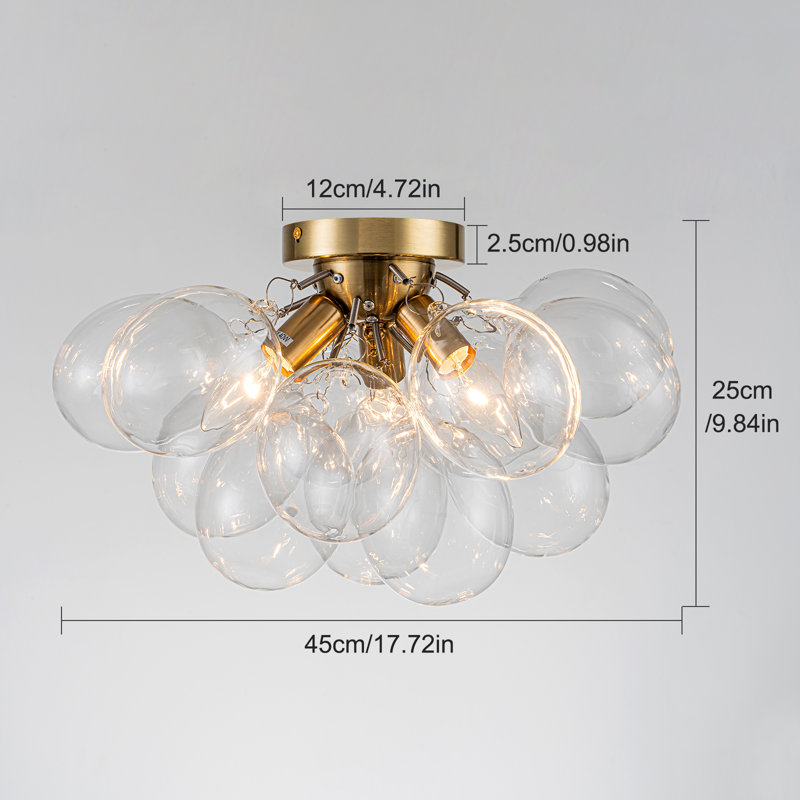 Ahona 3 - Light Dimmable Semi Flush Mount With 13 Clear Glass Bubble Ball, Gold
