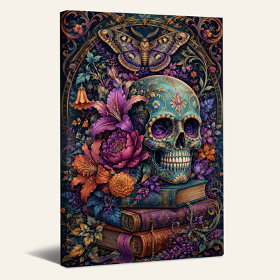 Ornement de crâne bleu sarcelle avec fleurs mauves et toile d'Halloween dorée