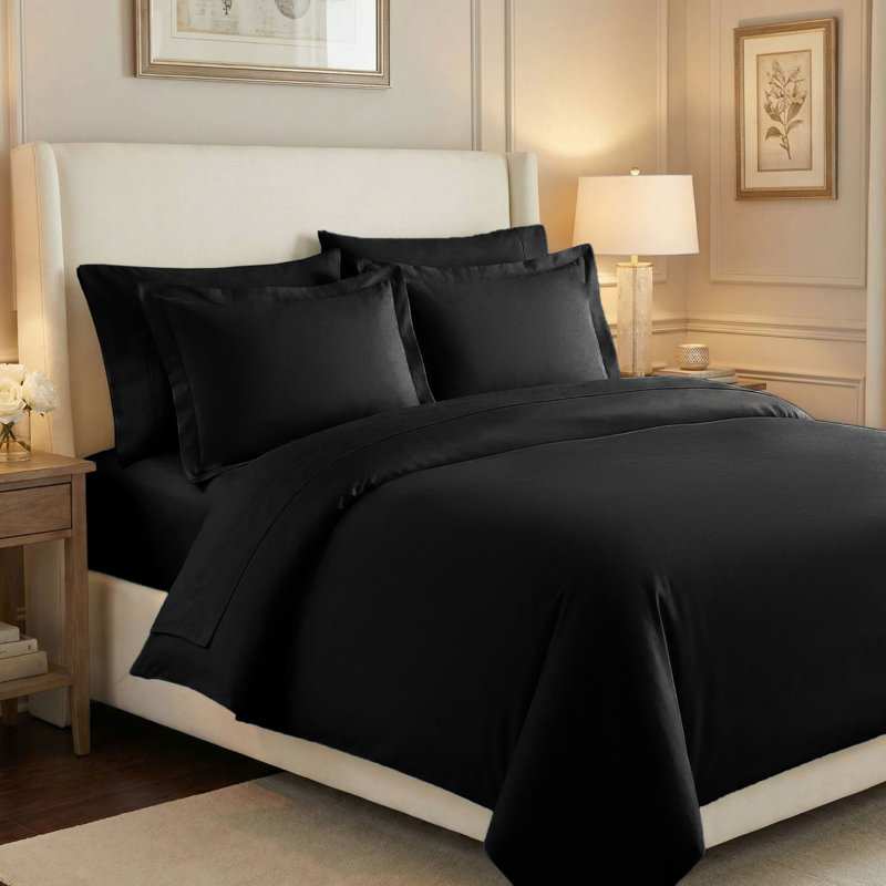 Edmont 530 Thread Count Certified Egyptian Cotton Blend Solid Duvet Cover Set with Pillow Shams, Full / Queen, Black
