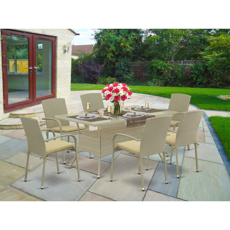 Ensemble de 7 pièces de meubles de patio en osier pour l'extérieur comprenant une table de bistro rectangulaire avec plateau en verre et 6 fauteuils de balcon avec coussin, brun