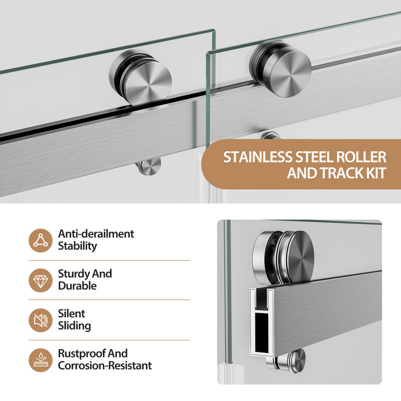 44-48 " W X 76 " H Double Sliding Frameless Shower Door 1/4" Tempered Glass With Explosion-proof Film , Stainless Steel Hardware, Nickel