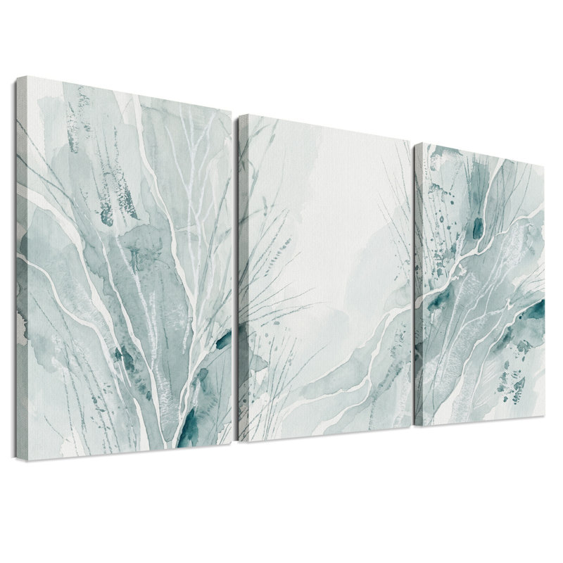 Ensemble de 3 toiles décoratives modernes à l'aquarelle représentant des feuilles bleues, 36"H x 24"W x 3pcs