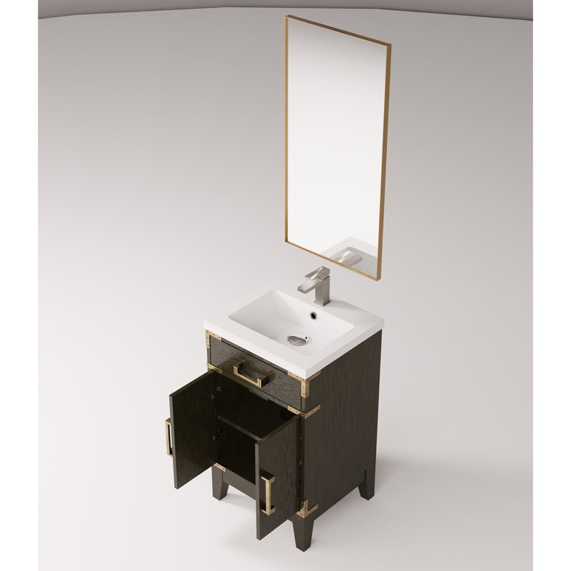 Meuble-lavabo simple en chêne brun avec dessus et robinet en acrylique - Miroir de salle de bain moderne au look poli
