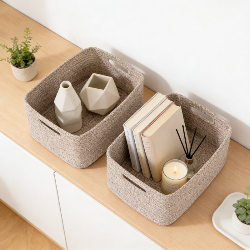 Large Woven Storage Basket Set Of 2, Natural Cotton Rope Organizer Bin For Shelves, Closet, Nursery, Living Room For Clothes, Toys, Blankets, And Home Organization
