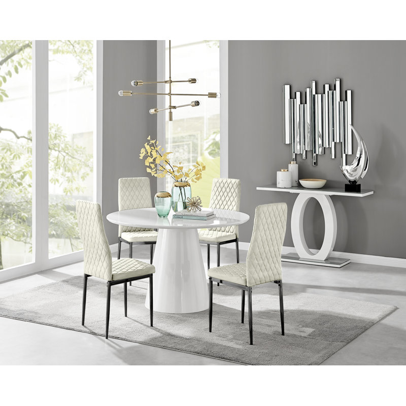 Beca Statement Pedestal Round Dining Table Set & 4 Luxury Velvet Dining Chairs, Black/Silver, White