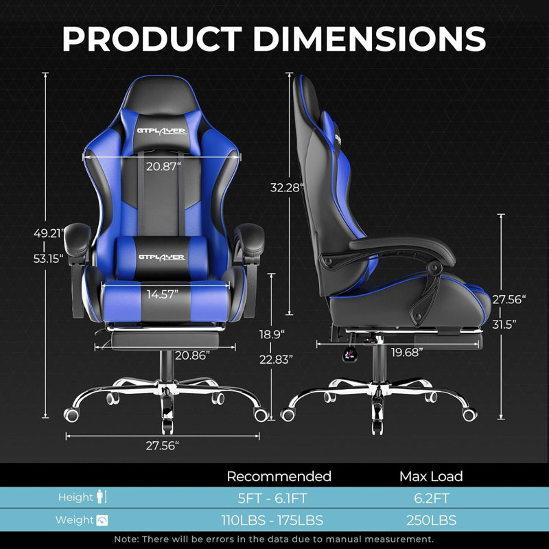 Fauteuil de jeu avec repose-pieds et soutien lombaire GTPLAYER, siège de jeu réglable en hauteur avec siège pivotant à 360 ° et appui-tête et pour le bureau ou les jeux (bleu)