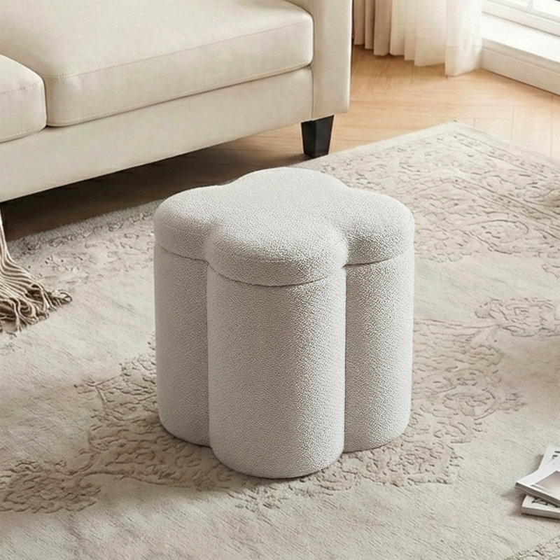 17" Upholstered Flower Ottoman with Storage, Beige