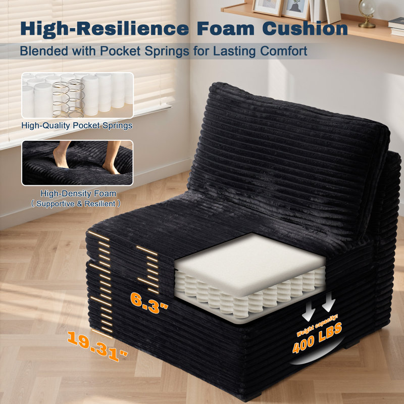 32.7'' Corduroy Upholstered Modular Armless Chair, Sectional Sofa Piece, Black