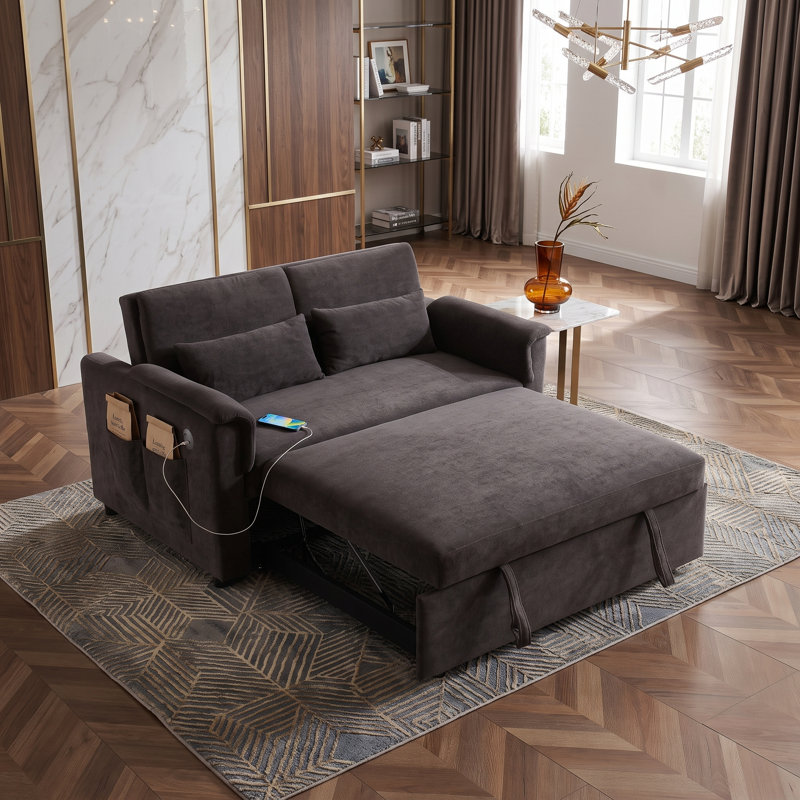 Causeuse convertible en velours de 55 po de large avec ports USB intégrés et poches de rangement, Dark Grey
