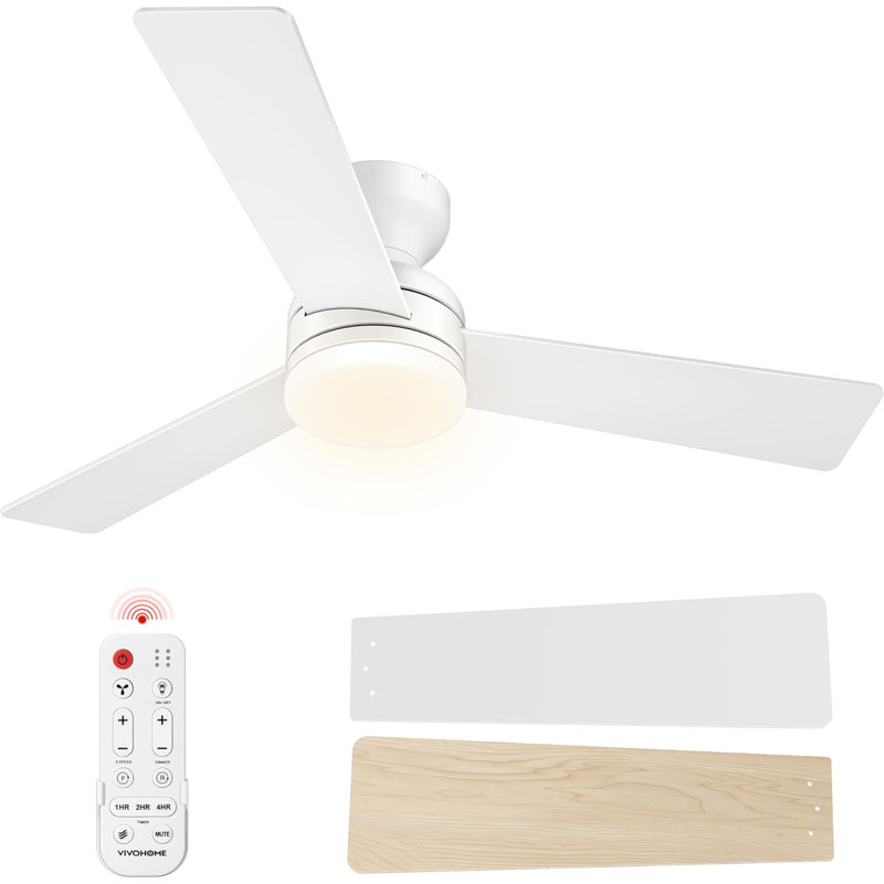 Ventilateur de plafond à profil bas de 42 pouces avec lumière DEL et télécommande, Bois beige / blanc, Blanc