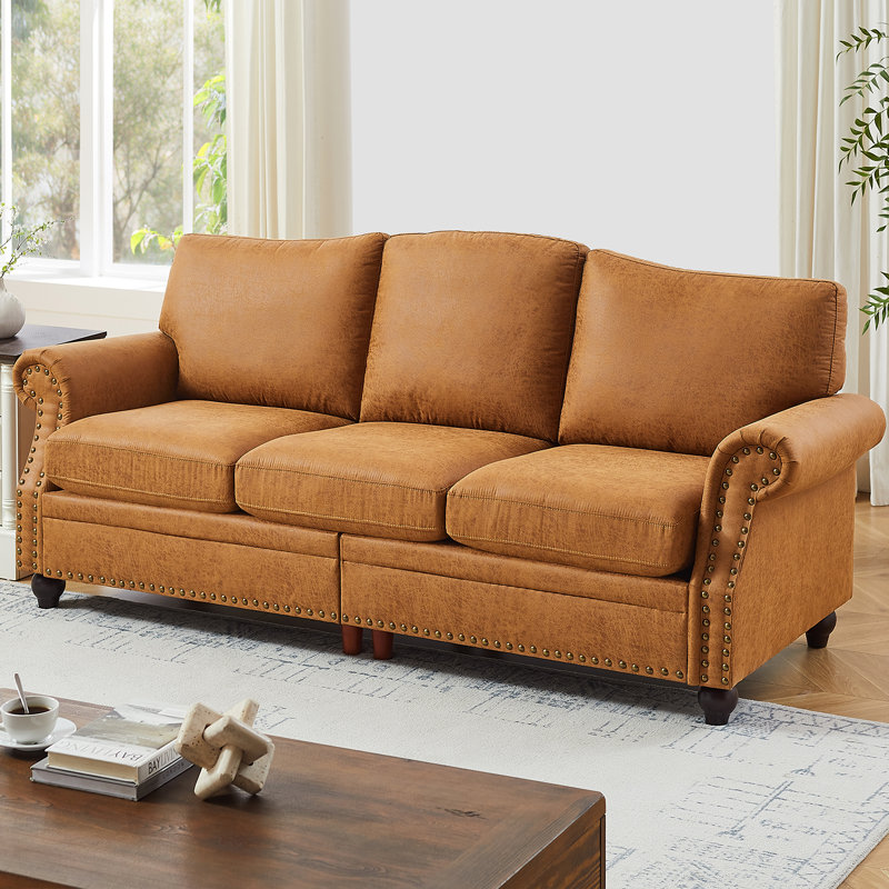 Canapé de 85 po de luxe, canapé confortable en simili cuir 3 places avec accoudoirs roulés et garniture cloutée, brun