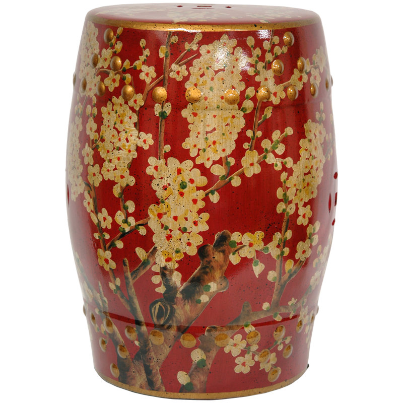 Dark Red Porcelain Round Garden Stool with Gold Floral Design