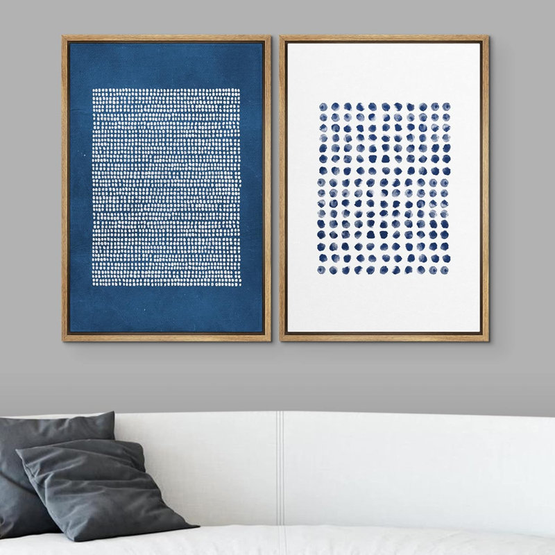 Bleu marine, blanc, collage géométrique à pois, images murales de forme abstraite, art moderne, bureau nordique - ensemble de 2 reproductions sur toile flottante