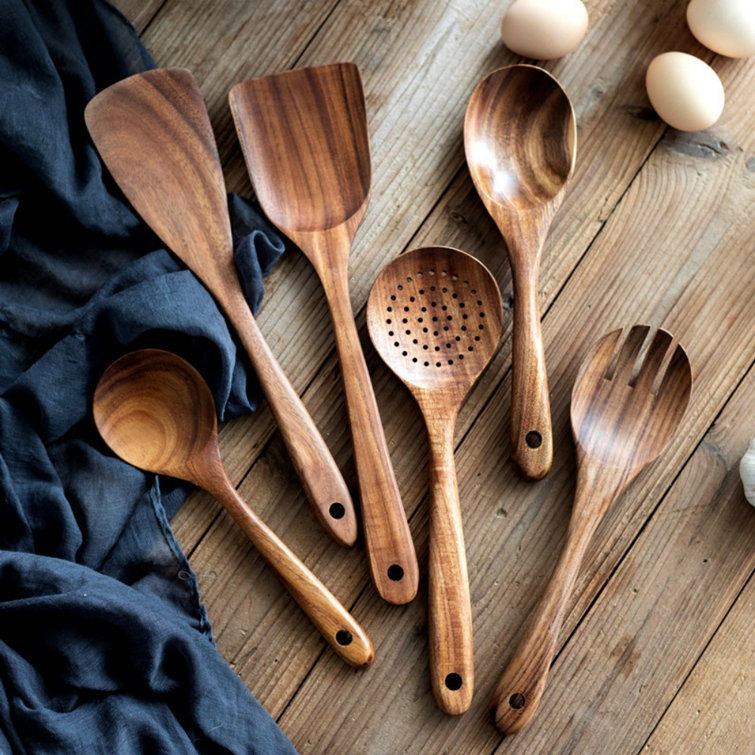 Wooden Kitchen Cooking Utensils Set, NAYAHOSE 7 Pcs Natural Teak Wooden  Spoons and Spatulas for Non-stick Pan