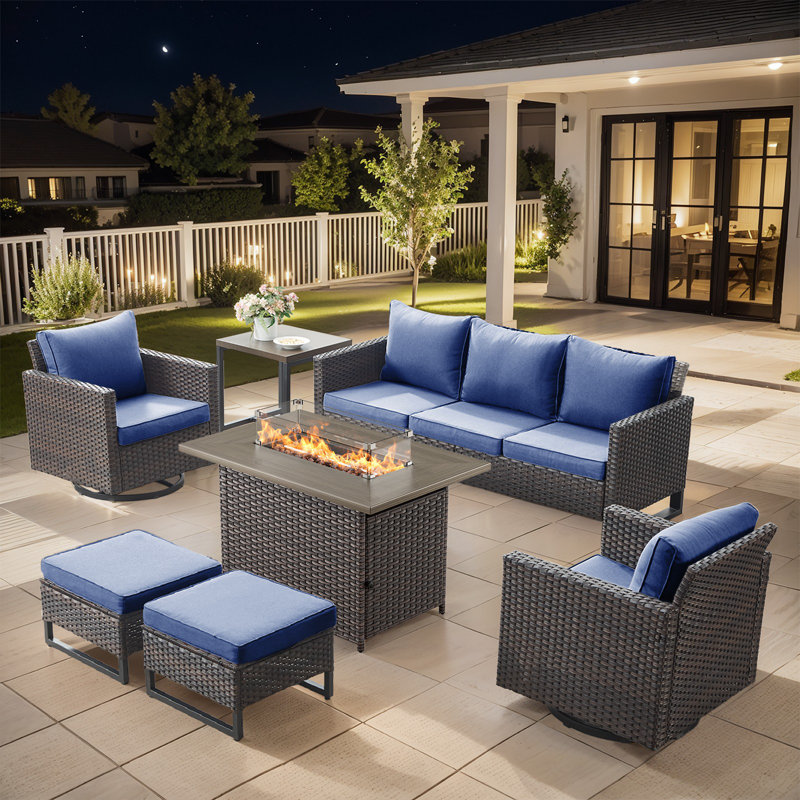 Naresa 7-Piece Outdoor Sofa Set, Wicker Patio Furniture Set With Fire Pit Table, All-Weather PE Wicker