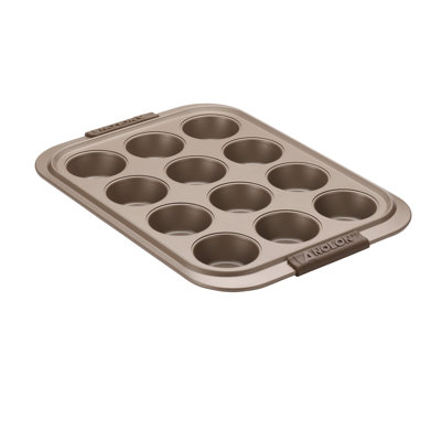 Anolon Advanced Bakeware 12-Cup Nonstick Muffin Pan with Silicone Grips and Lid, Bronze