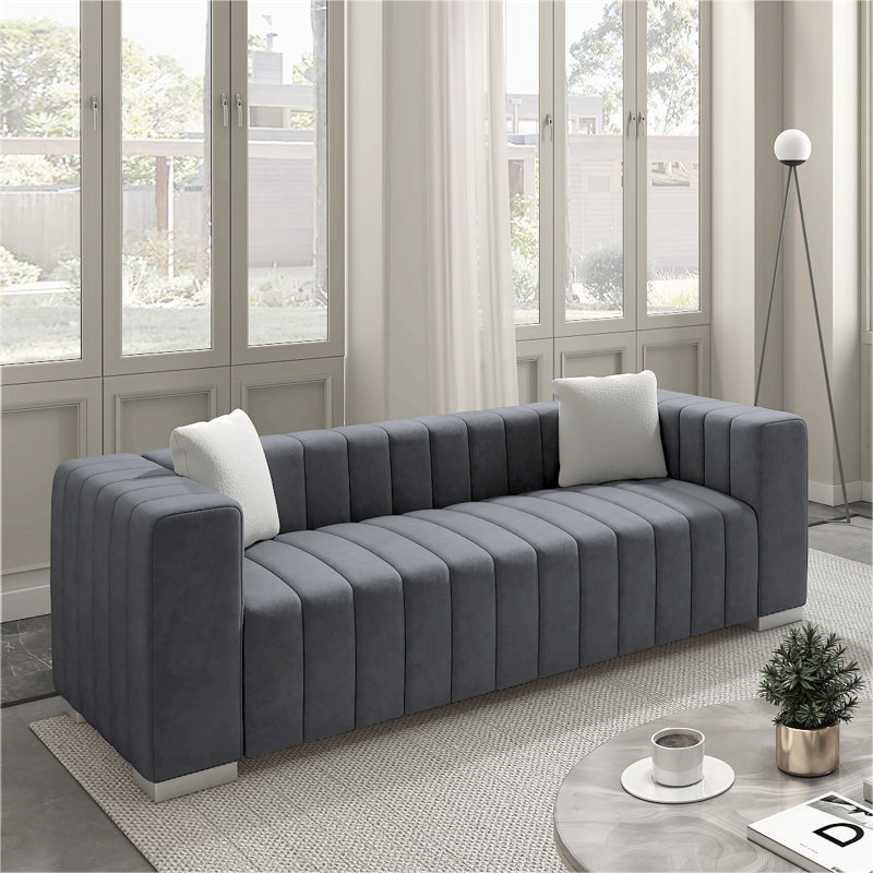 Canapé rembourré en velours de luxe avec 2 coussins Clifford 87,01 po, gris, Gris, Argent argent