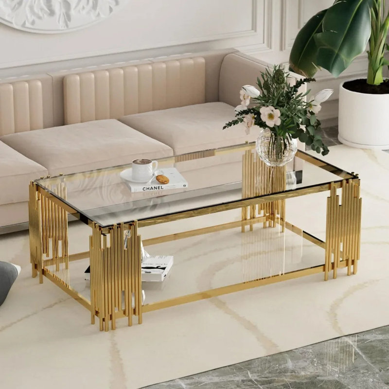 Tevonte 51" L x 27.5" W 2-Tier Rectangle Tempered Glass Top Coffee Table, Deluxe Gold Stainless Legs Sofa Table, Clear