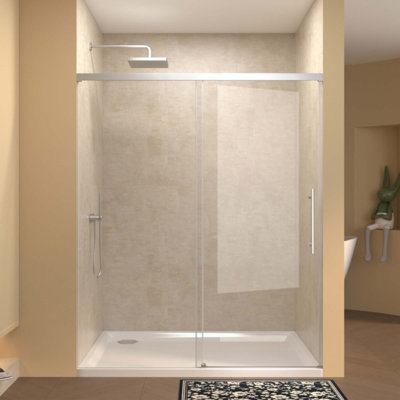 Porte de douche coulissante simple, verre fixe de 5 mm et verre coulissant de 6 mm sans cadre, verre trempé transparent, poignée en acier inoxydable