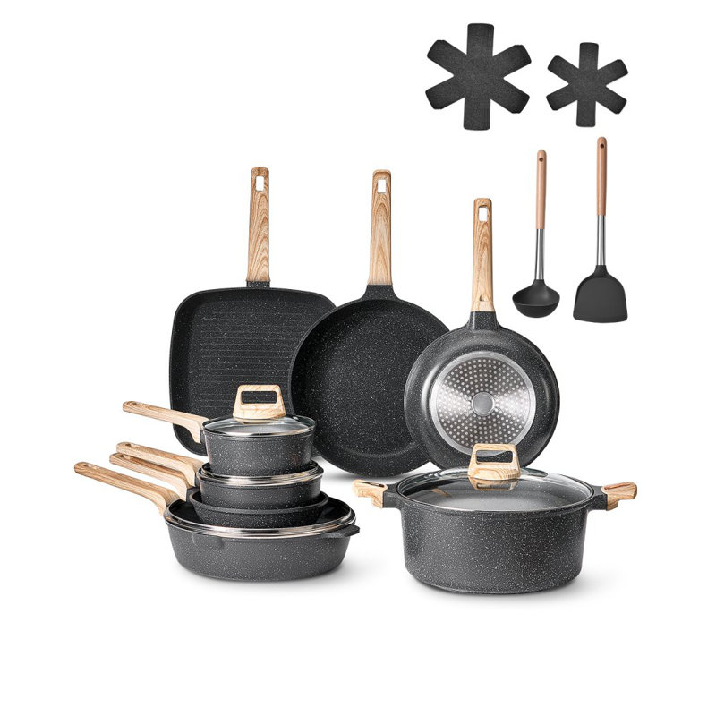 Batterie de cuisine antiadhésive à induction 19 pièces, Blanc