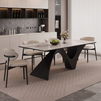 Table de salle à manger rectangulaire moderne de 200 cm (78,74 po) pour 6 à 8 personnes, avec un plateau extra-large de 100 cm (39,40 po) aspect marbre et un piètement géométrique sculptural.