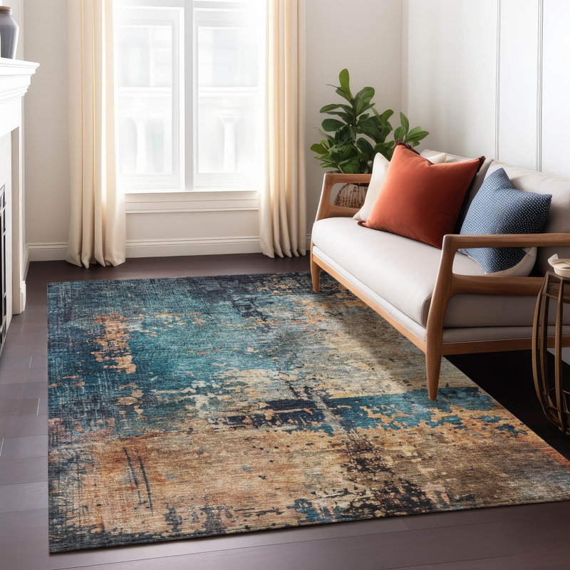 Teal and Brown Abstract Washable Synthetic Area Rug 3' x 5'